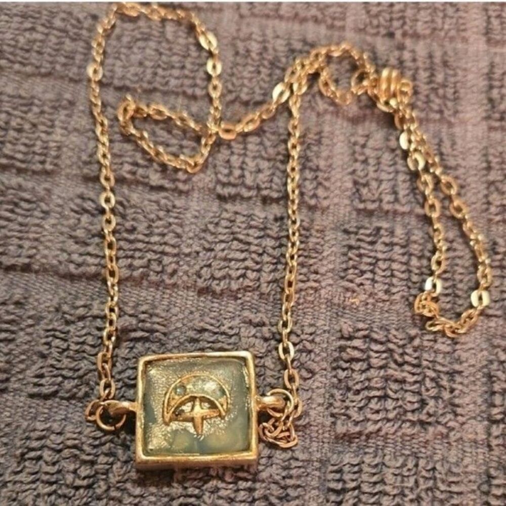 Silver Tone Necklace with Blue Square Pendant Depicting Moon And Star